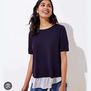 LOFT Striped Crossover Mixed Media Sweater, Navy stripe, Short sleeve, small